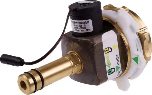 Funktionseinheit von HANSA mit einem metallischen Gehäuse und einem Anschlussrohr. Elektrischer Anschluss und Betriebsstatus durch symbolische Kennzeichnungen gekennzeichnet.